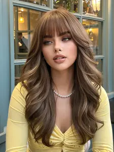 synthetic wig, chestnut Brown with Honey Blonde Highlights Long Wavy Wig, 18inch