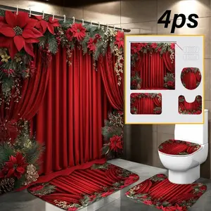 1/4 pc Christmas theme: Poinsettia and red, exquisite shower curtain set, non-slip mat, U-shaped rug, toilet seat cover, perfect for bathroom decoration, beautifies the space, includes 12 shower curtain hooks, Bathroom Decoration Accessories