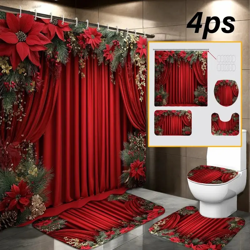 1/4 pc Christmas theme: Poinsettia and red, exquisite Decorative Shower Curtain set, non-slip mat, U-shaped rug, toilet seat cover, perfect for bathroom decoration, beautifies the space, includes 12 shower curtain hooks, Bathroom Decoration Accessories