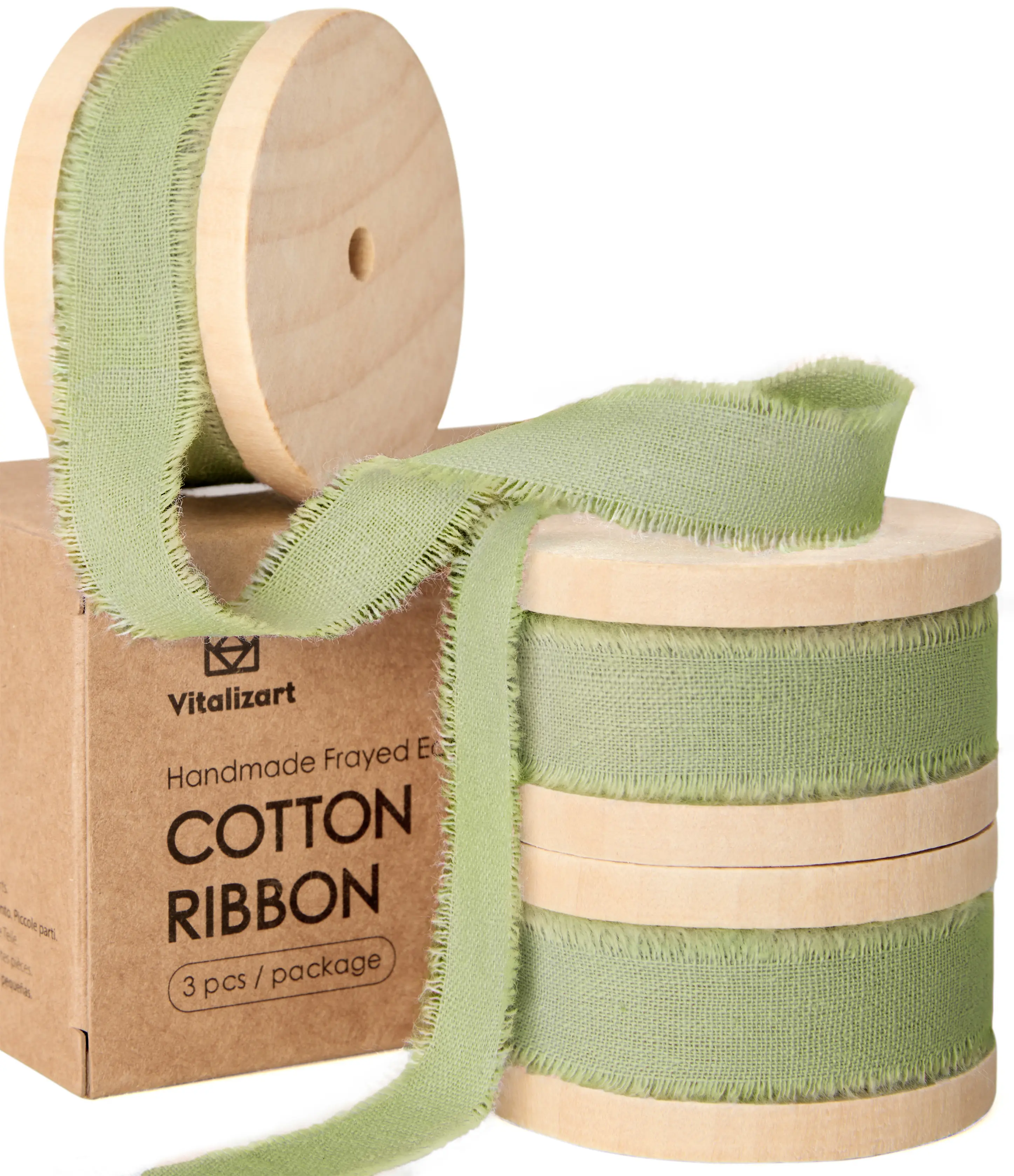 5/8" x 21Yd Vitalizart Sage Green Handmade Fringe Cotton Ribbon 3 Rolls Natural Rustic Table Runner Ribbon for Gift Wrapping Wedding Bouquet Bridal Shower Decor Tree Flower Decoration Fruit