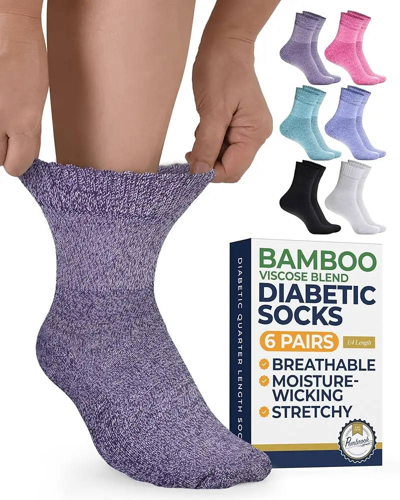 Pembrook Bamboo Viscose Socks for Diabetics, Men & Women - 6 Pairs Ankle Socks for Neuropathy, Swollen Feet, Edema, Wide Calf Seamless Stretch