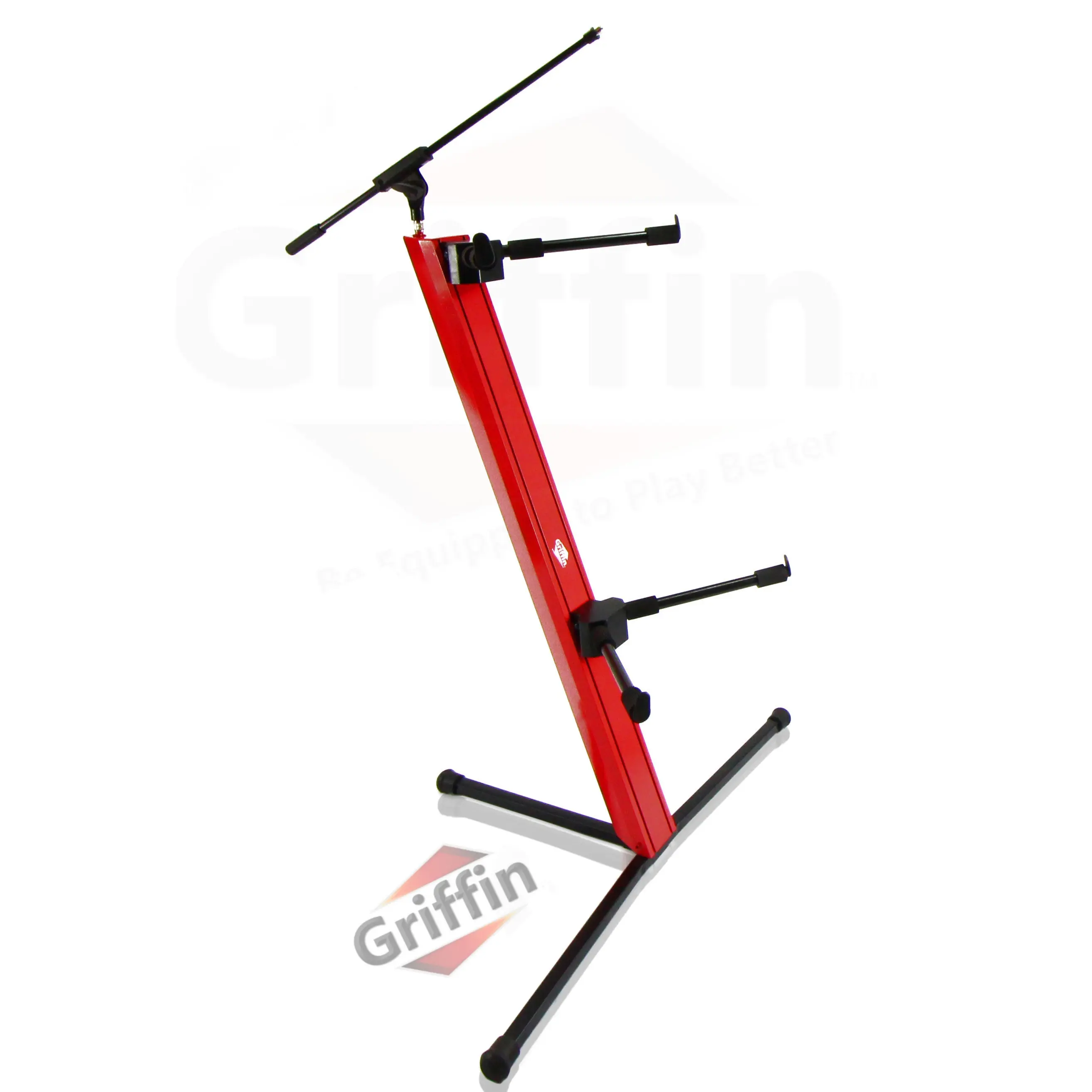 2-Tier Column Keyboard Stand with Mic Boom Arm by GRIFFIN | Double Sliding Multi Mounting Platform Red Stage Tower Rack | Holder for Digital Piano, Turntable, DJ Audio Gear, Studio Laptop Synthesizer