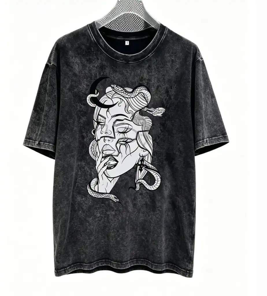 Women's Split Medusa Snake Oversized Washed Cotton T-Shirt - Casual Short-Sleeve Round Neck, Breathable Grunge Dark Art Vibe Streetwear, Relaxed Fit Alternative Top, Shortsleeve, Graphic, Soft Cotton