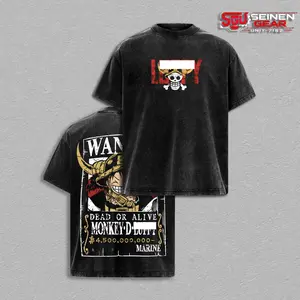 Monkey D. Lufy Wanted Poster Vintage Washed Oversized T Shirt, 1 Piece Anime Graphic Tee, Straw Hat Pirate Unisex Streetwear Shirt, Heavy Cotton Manga Gift for Anime Fans