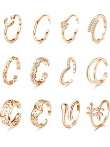 12 Pcs Adjustable Toe Rings for Women Cute Flower Leaf Star and Moon Simple Band Open Toe Ring Set Beach Foot Jewelry Rose Gold Fashion Jewelry Accessories Stackable Rings