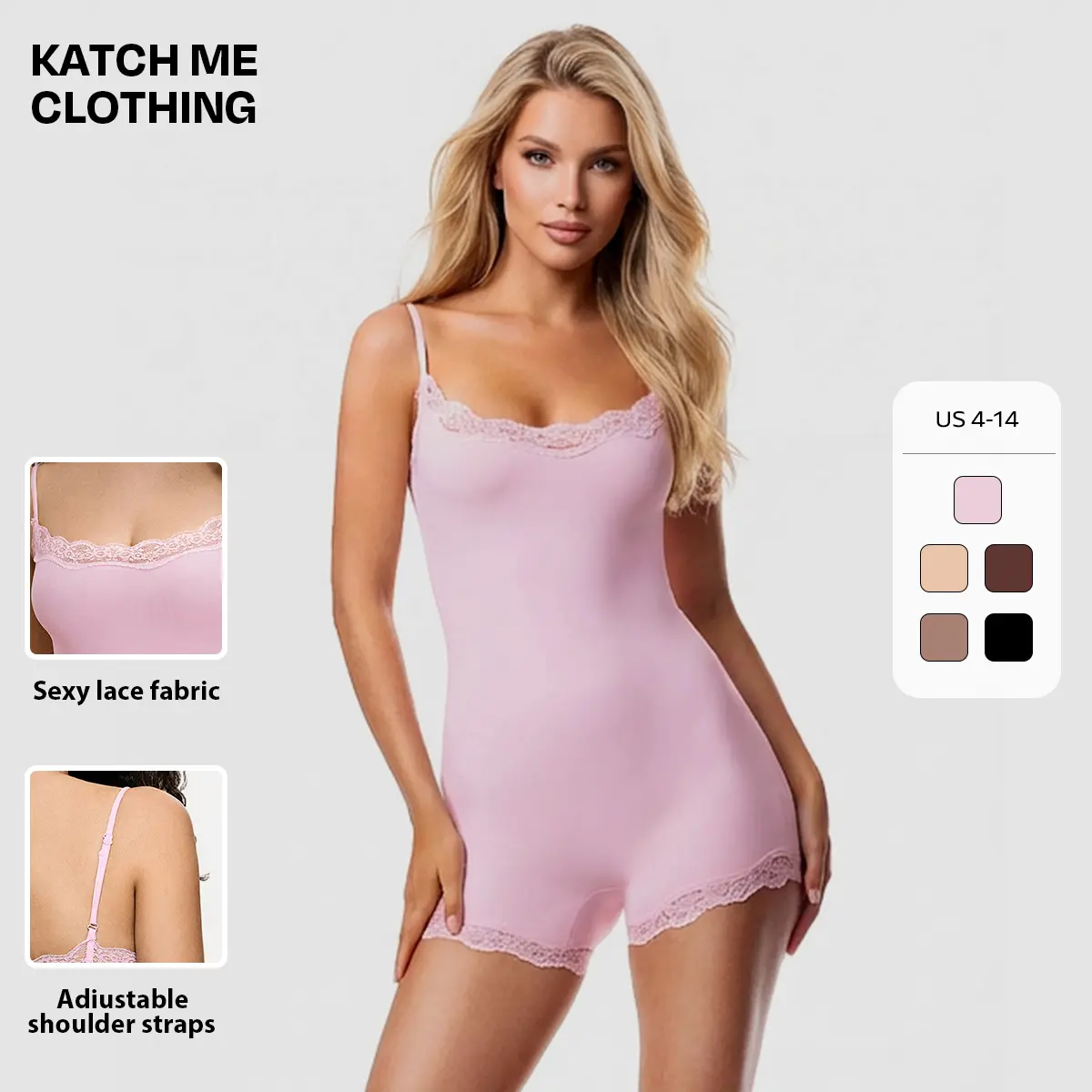 KATCH ME Women's Minimalist Lace Trim Bodysuit, Seamless Body Shaper Shapewear with Adjustable Straps for a Smooth Fit