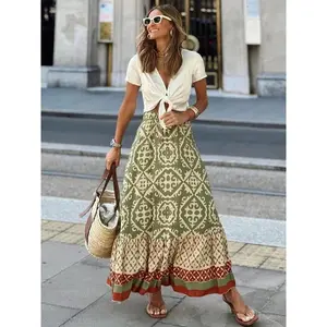 Women's elastic waist long skirt, loose, comfortable and elegant style, made of autumn and winter casual woven fabric, suitable for daily wear