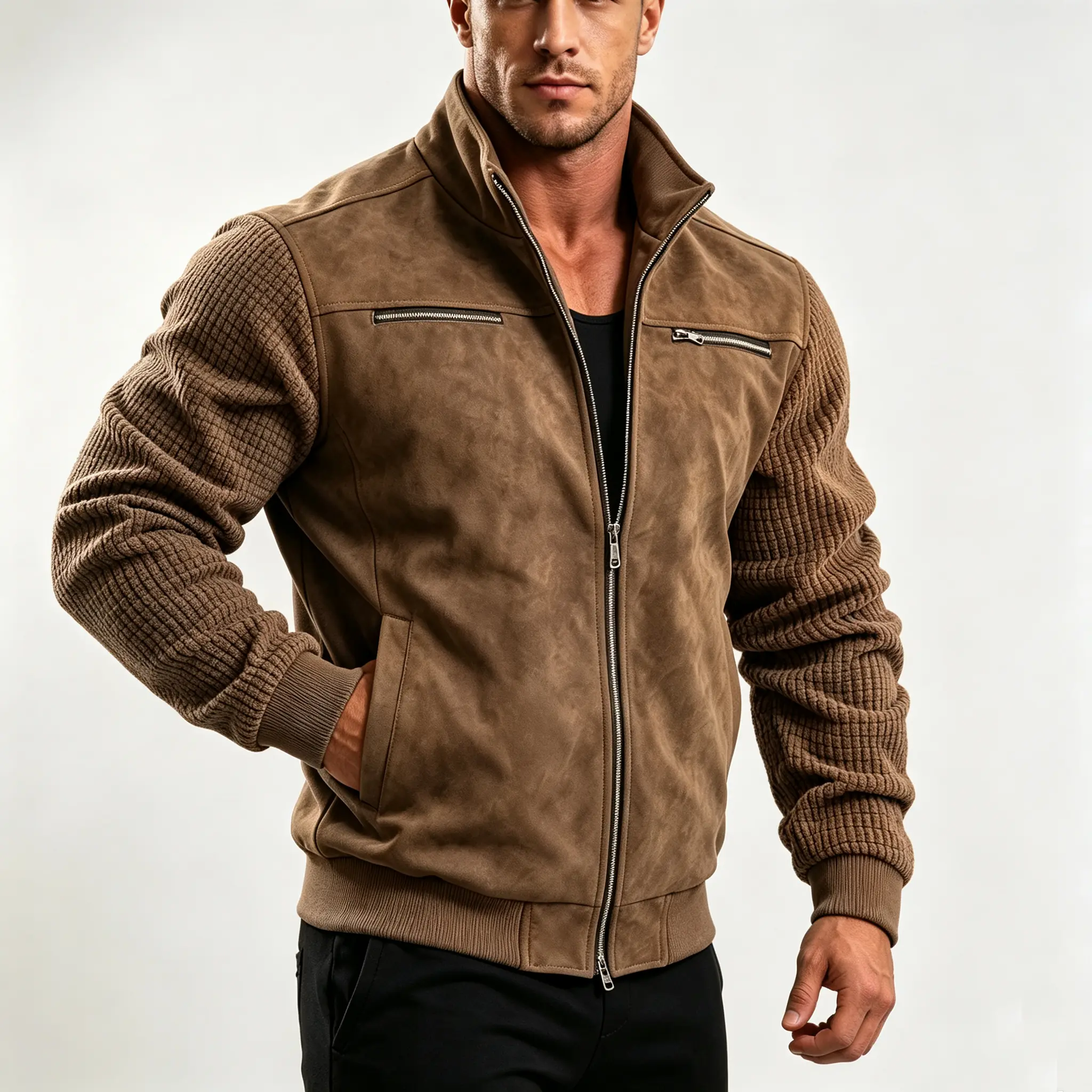 Men’s Vintage Suede Patchwork Stand-Collar Jacket - Spring & Autumn Casual Baseball Coat with Multiple Zippered Pockets for Everyday Commuting, Smooth Stretch Fabric Jeans Pants Compatible Classic Outerwear, Menswear, Ribbed, Long Sleeve