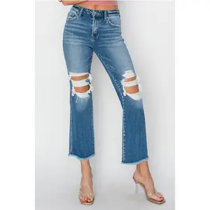 Risen Mid Rise Crop Flare Distressed Jeans