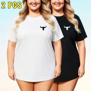 Plus Size Women’s Short Sleeve Round Neck T-Shirt, 1XL-8XL Basic Comfortable Loose Fit Slimming Crew Neck Top with Simple Bull Print, Suitable for Daily Commuting & Home Loungewear
