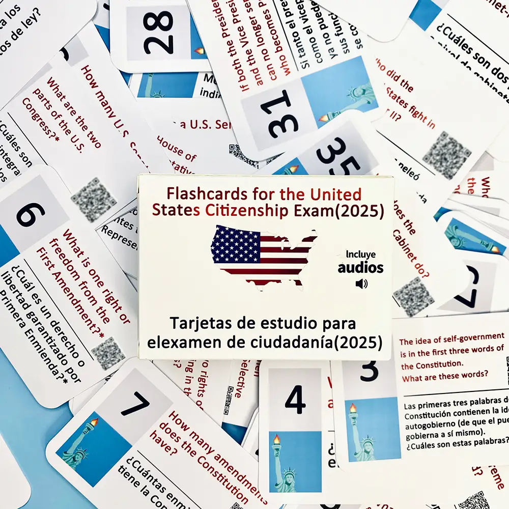 Includes Audio QR Code | U.S. Civics Test Flash Card Combo Set (Bilingual Cards and Booklet: English/Spanish) with 100 Common Questions. An ideal stud