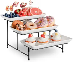 3 Tier Plastic Serving Tray for Party, 11.5" x 5.6" Platters for Serving Food, Microwave-Safe, White Reusable Trays with Black Metal Display Stand for Cupcakes, Sevring Food, Dessert, Fruit, Black Ornaments Decor