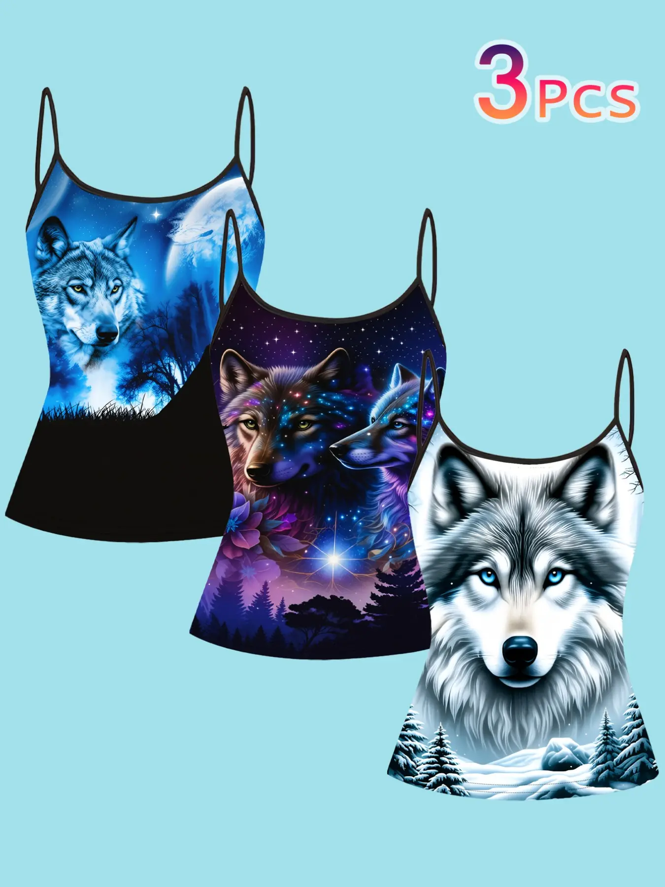 3-Piece Set Starry Wolf Totem Print Strapless Top, Wild Nature Landscape 3D Digital Print Slim Fit Sleeveless T-Shirt for Women, Summer Outerwear Innerwear, Camisole Tops, Spaghetti Strap, Camisole Tank Top, Womenswear, Lady