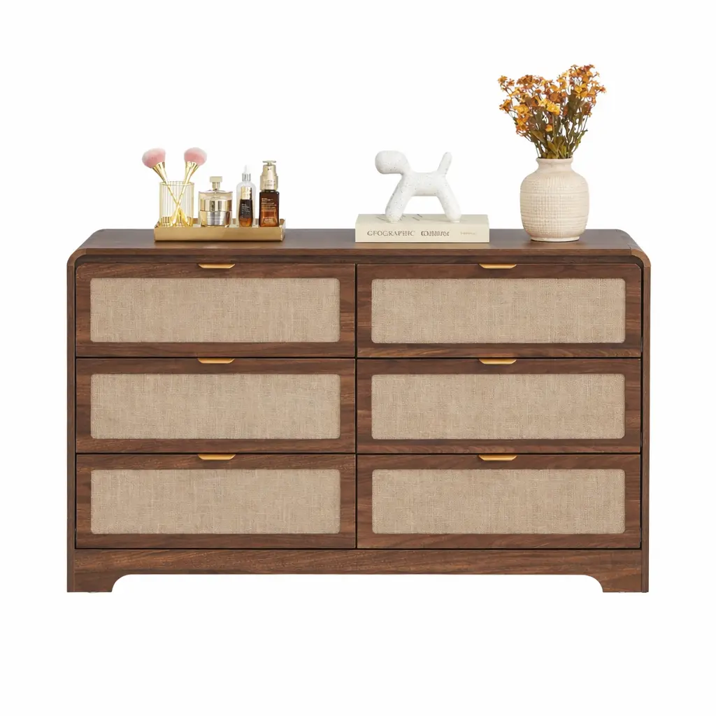 Giratree 4 5 6 Drawer Dresser for Bedroom, 48" Wide Curved Wooden Dresser with Natural Linen & Metal Handle, Mid Century Modern Chest of Drawers Closet Clothes Storage Organizer for Living Room, Walnut