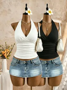 Two-Piece Halter Top Set, Back Tie Bow, Pleated Slim Fit V-Neck Sleeveless Vest, Women's Summer Casual Club Streetwear