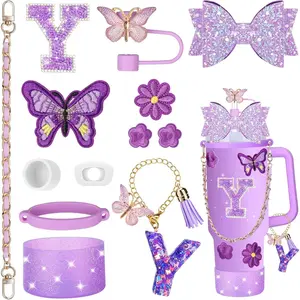 14PCS Purple Cup Accessories for Stanley Cup 30oz 40oz tumbler with handle - Includes Strap,Straw Bow Decorate,Straw Cover,Boot,Spill Proof Stoppers,Handle Charms,Letter Sticker(Initials Y)