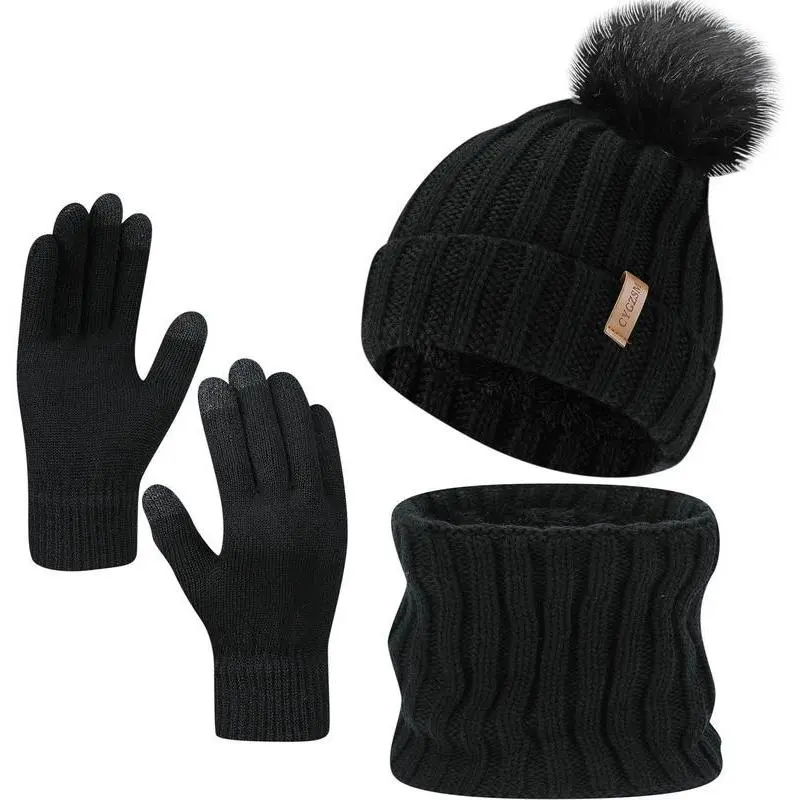Women’s Winter Beanie Hat Scarf Gloves Set, 3 Piece Cold Weather Accessories with Fleece Lined Touchscreen Gloves, Warm Knit Hat and Soft Neck Scarf, Cozy Outdoor Essentials for Travel, Hiking, Commuting, Holiday Gifts and Everyday Winter Wear