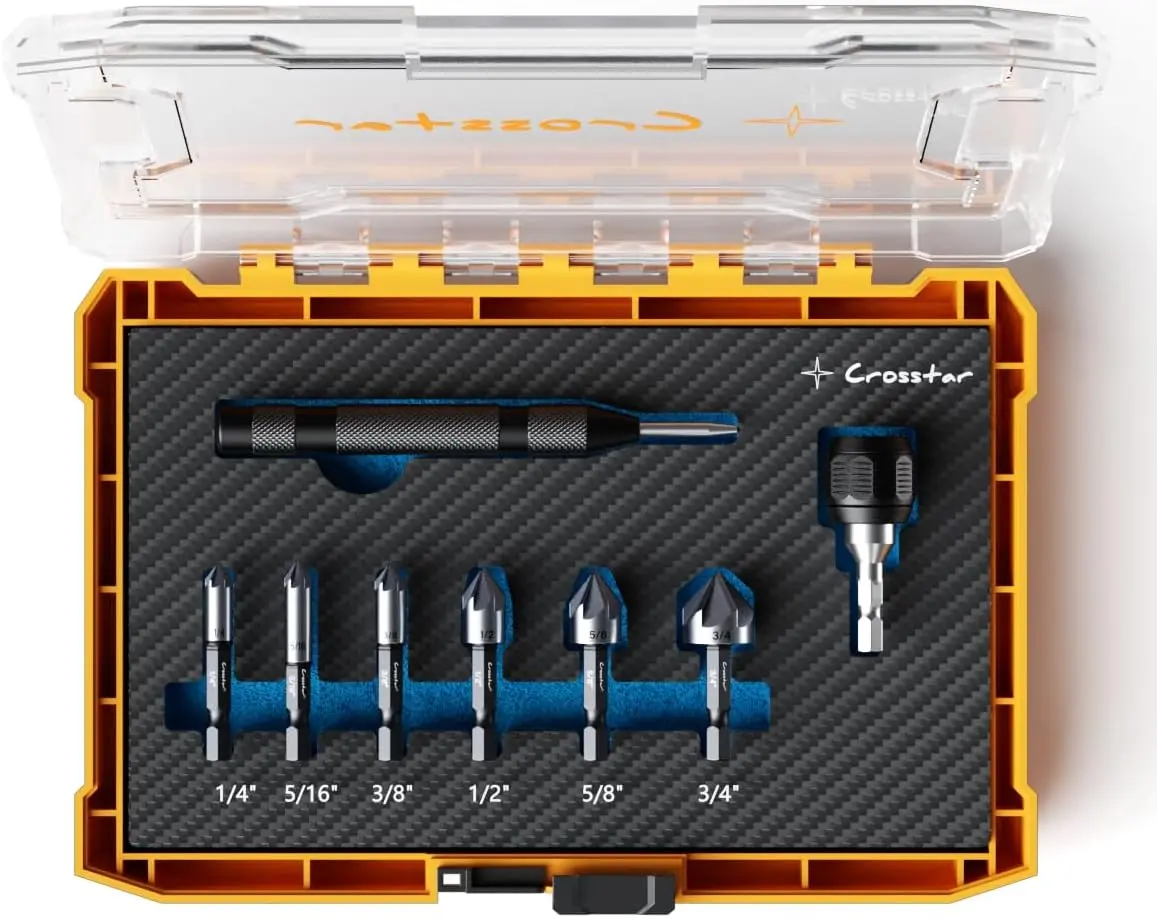 Crosstar Pro M35 Cobalt Countersink Drill Bit Set, 6-Piece 1/4"-3/4" HSS Titanium Aluminum Nitride Coated, 1/4" Hex Shank, 5-Flute Design, Complete Set with Center Punch & Quick-Change Adapter, Longer Life for Metal, Stainless Steel