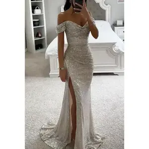 2025 New Sequin Off-Shoulder Dress | Sexy Bodycon with Long Sleeves & High Slit for Galas, Evenings  Fabric Fit Womenswear Formal