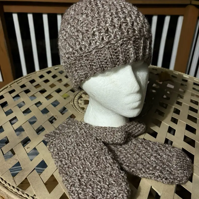 Handmade Crochet Beanie and mittens set. Tweed plum Design Soft and Warm Perfect for Winter Cozy Knit Hat
