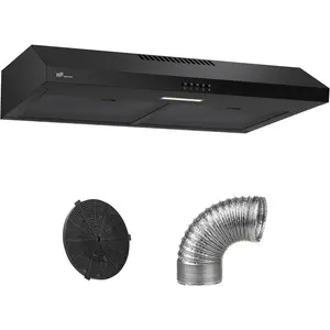 Upstreman 30 Inch Under Cabinet Range Hood, Stainless Steel Kitchen Vent Hood with LED Lights, Button Control, 3 Speed Exhaust Fan Ducted/ductless Convertible, 3-Layer Aluminum Filters, Black-HU30