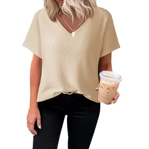 Angerella Women's Dressy Casual V-Neck Short Sleeve Waffle Knit Relaxed Fit Tunic Top Blouse Shirts for Summer