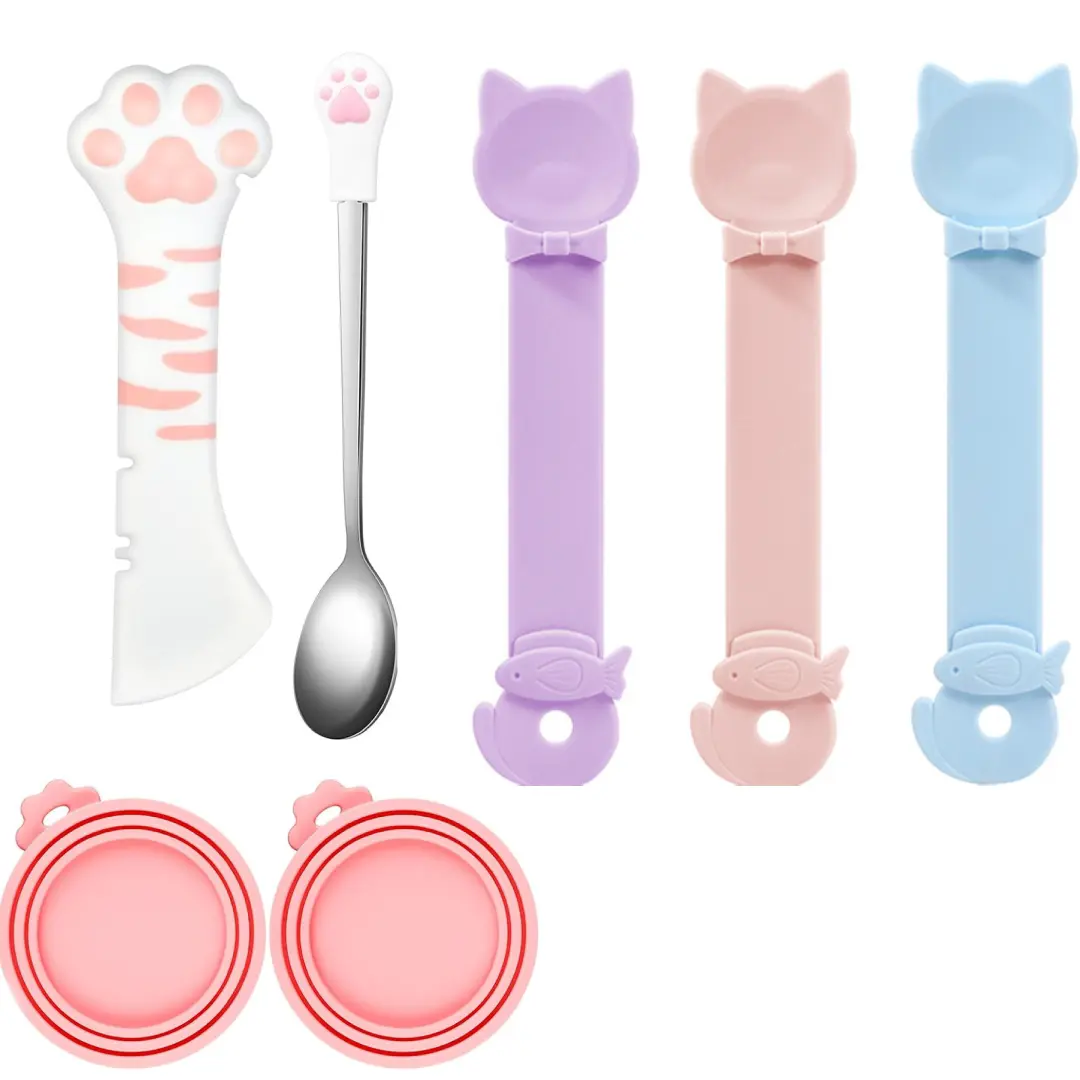7PCS Cat Food Can Covers Lids Set, Silicone Pet Food Can Lids with Multi-Function Cat Food Spoon and Opener, Cat Bar Squeezer, Stainless Steel Wet Food Spoon for Cats and Dogs