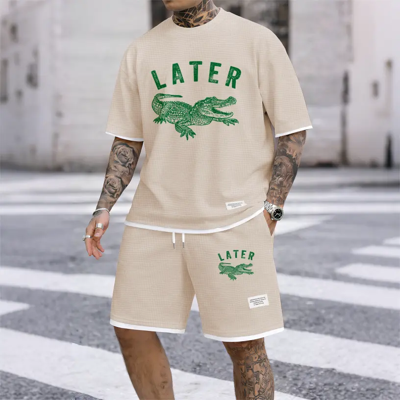 Men's 2-Piece Oversized Loose Fit Crocodile Print Waffle Polyester Round Neck Short Sleeve Loungewear Set - Textured Weave Fabric, Breathable, Comfy Fits, Pocket Detail, Fitness, Sporty Chic T-Shirt, for Sleep & Relaxation - Care: Dry Clean, Hang Dry