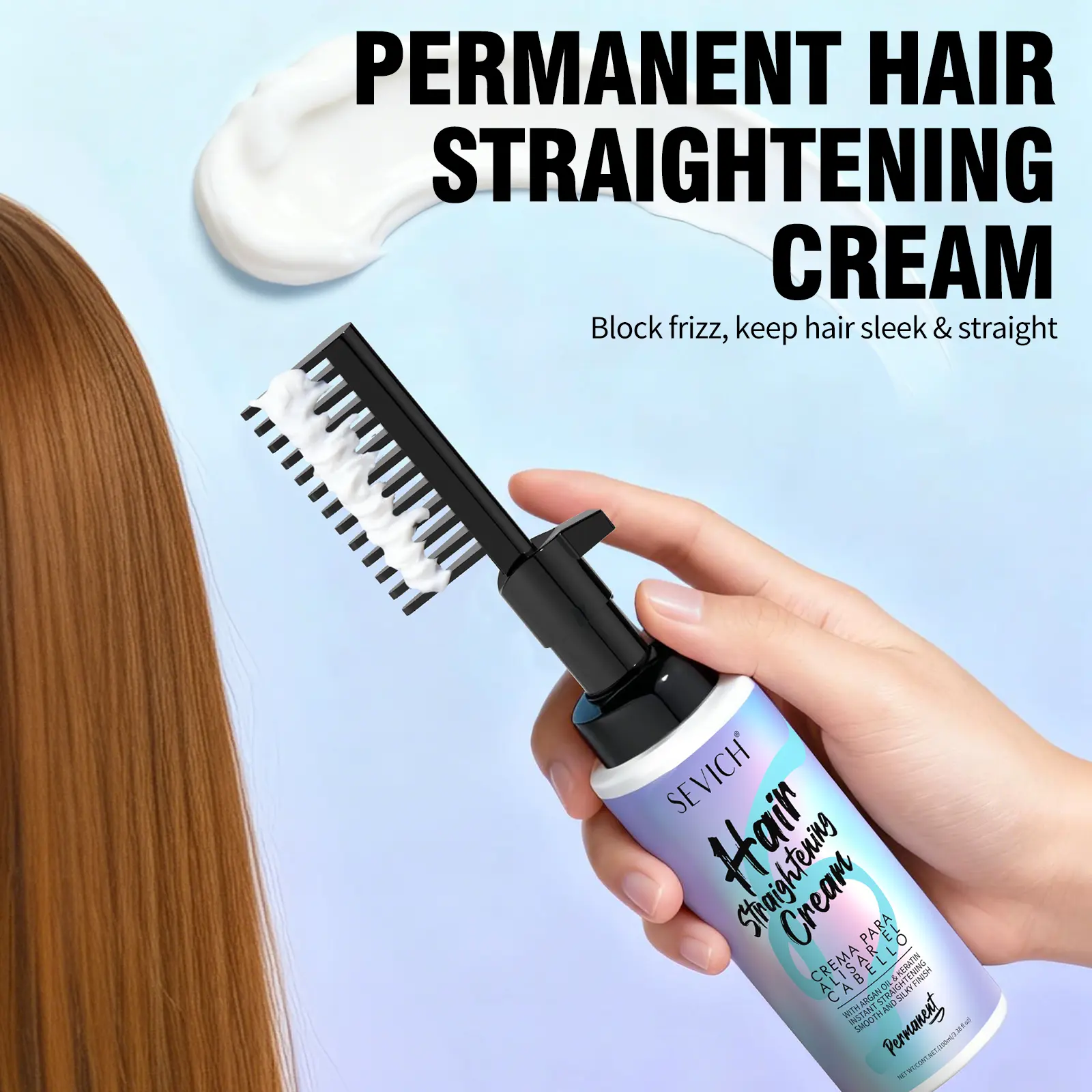 SEVICH Keratin Hair Straightener Cream with Built-in Comb & Argan Oil - No Damage, Instant Smooth Haircare for Frizzy Dry Hair, Subtle Fragrance