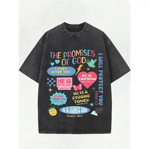 Men's 220g Heavyweight  T-Shirt - Relaxed Fit Streetwear Tee with Inspirational Bible Verses & Psalm 91:4 Print, Black with Colorful Scripture Design for Summer Casual Wear, Comfortable Streetwear, Washed Vintage Look