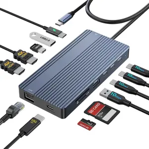 USB C Docking Station, 14 in 1 USB Hub for 3 Monitors, Dual 4K@60Hz HDMI & USB-C Video, 4xUSB-C(10Gbps), 3X USB-A, Ethernet, SD/TF & 3.5mm Audio Jack - Multiport Adapter for Laptop///