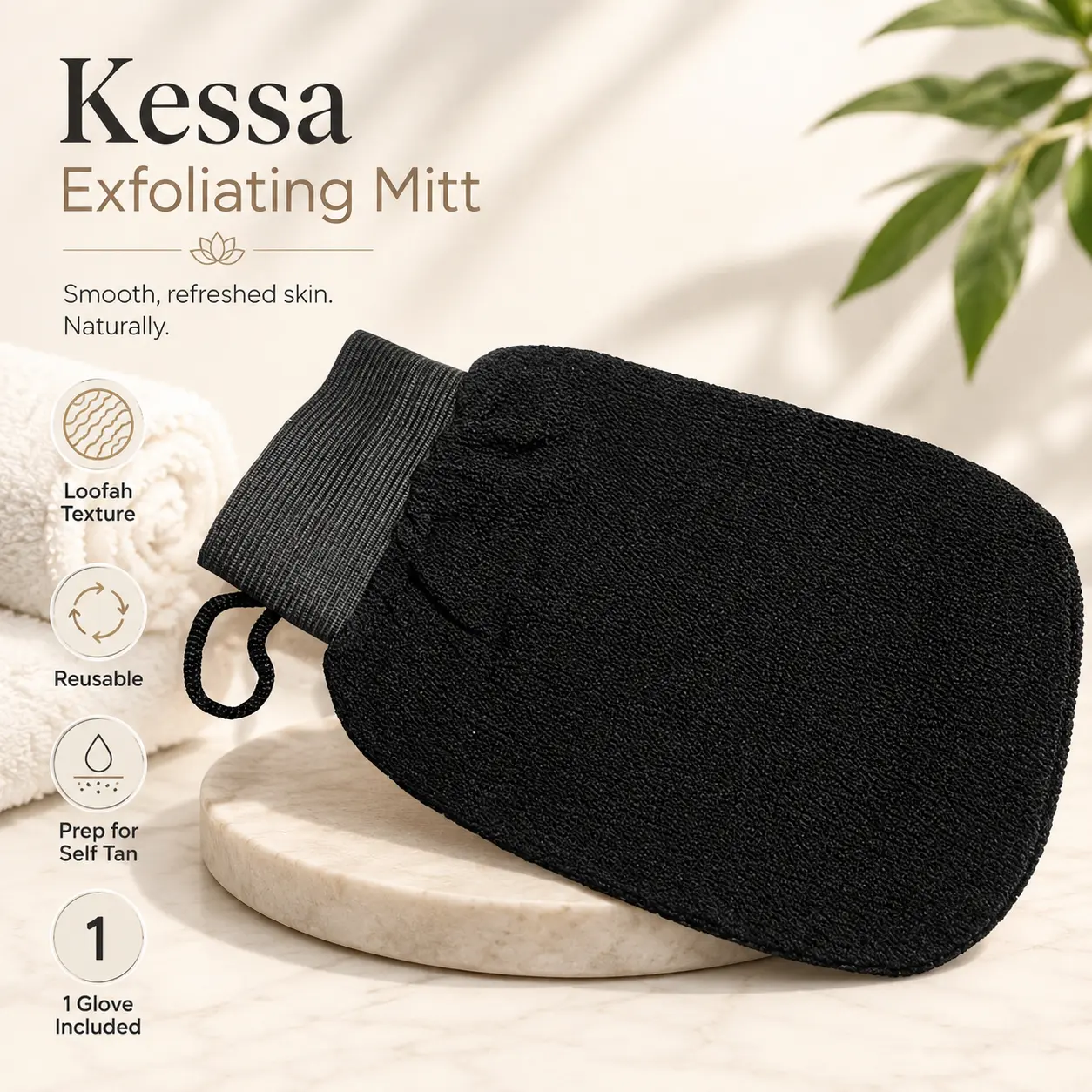 Exfoliating Mitt for Body, Kessa Shower Scrub Glove with Stretch Wrist Cuff, Reusable Bath Mitt, Black, 1 Count