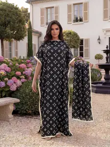 Elegant All-Over Printed Robe Set Fitted, Long Dress & Headscarf, Beach Outdoor Sun Protection Satin Scarf, Women's Fashion Accessory Casual Wear Style Chic