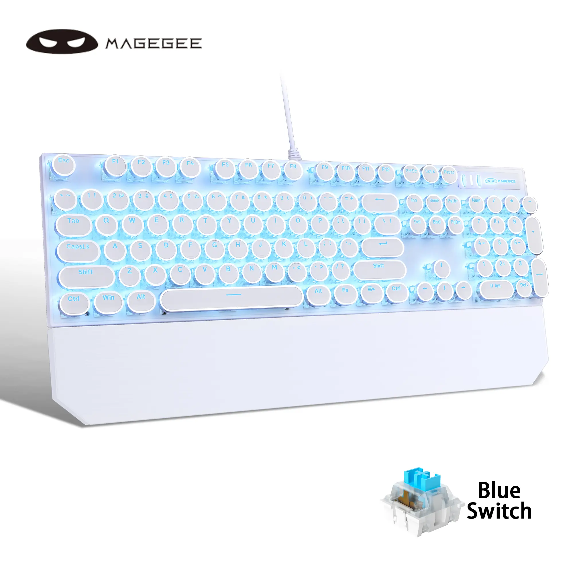 MageGee Typewriter Mechanical Gaming Keyboard and Mouse Combo, Retro Punk Round Keycaps Blue LED Backlit USB Wired Computer Keyboard for Gaming and Office, Suitable for Windows Laptops