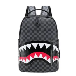 American Retro Shark-Pattern Checkered Backpack - Waterproof & Durable, Perfect for Commute/Trip