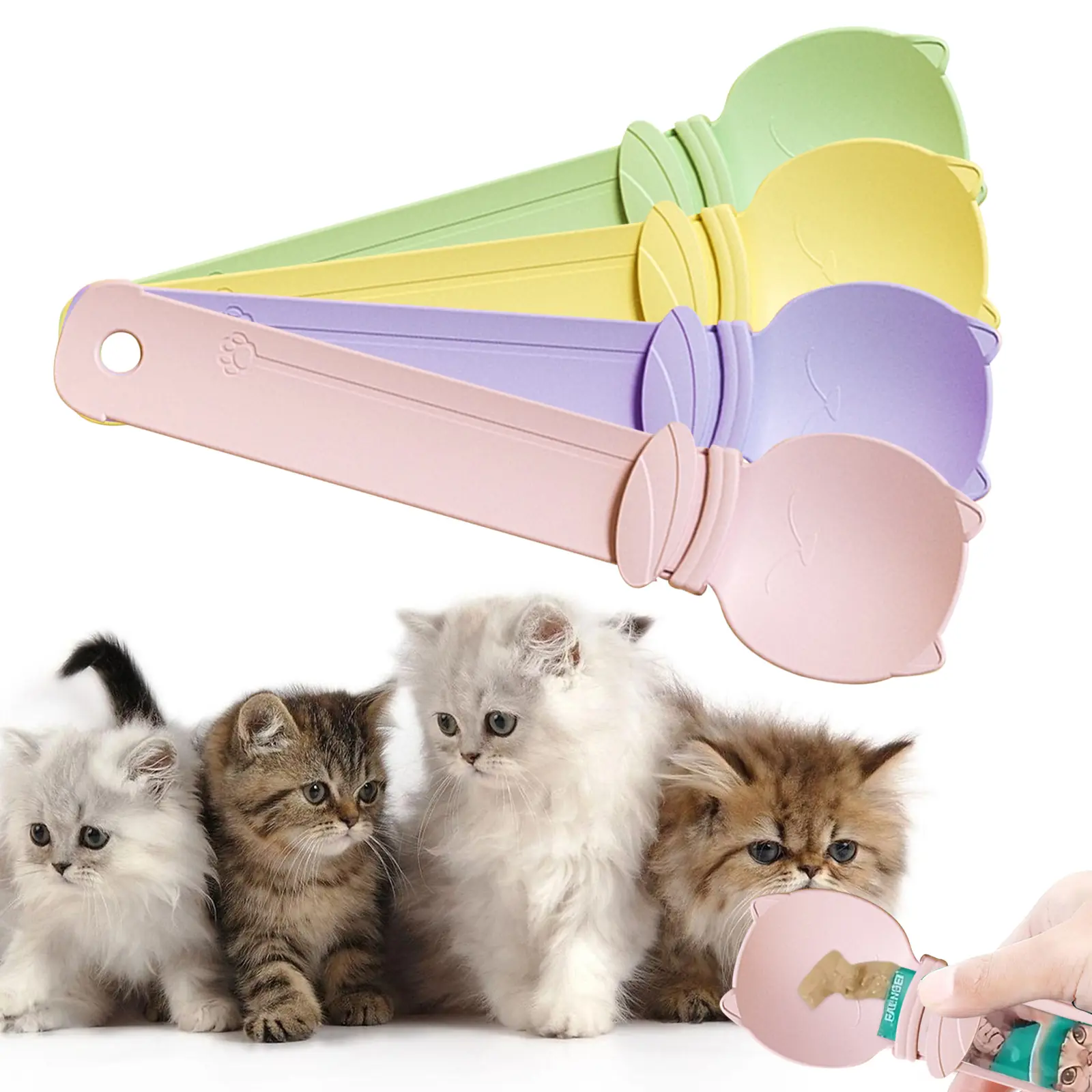 4-Piece Interactive Cat Treat Press Set - Lightweight for Travel Handheld Food Slow Feeder, Extra-Long Handle, Portion Control, Mess-Free Pet Feeding Accessory, Reduces Bloating, Enhances Dental Health, Interactive Toy