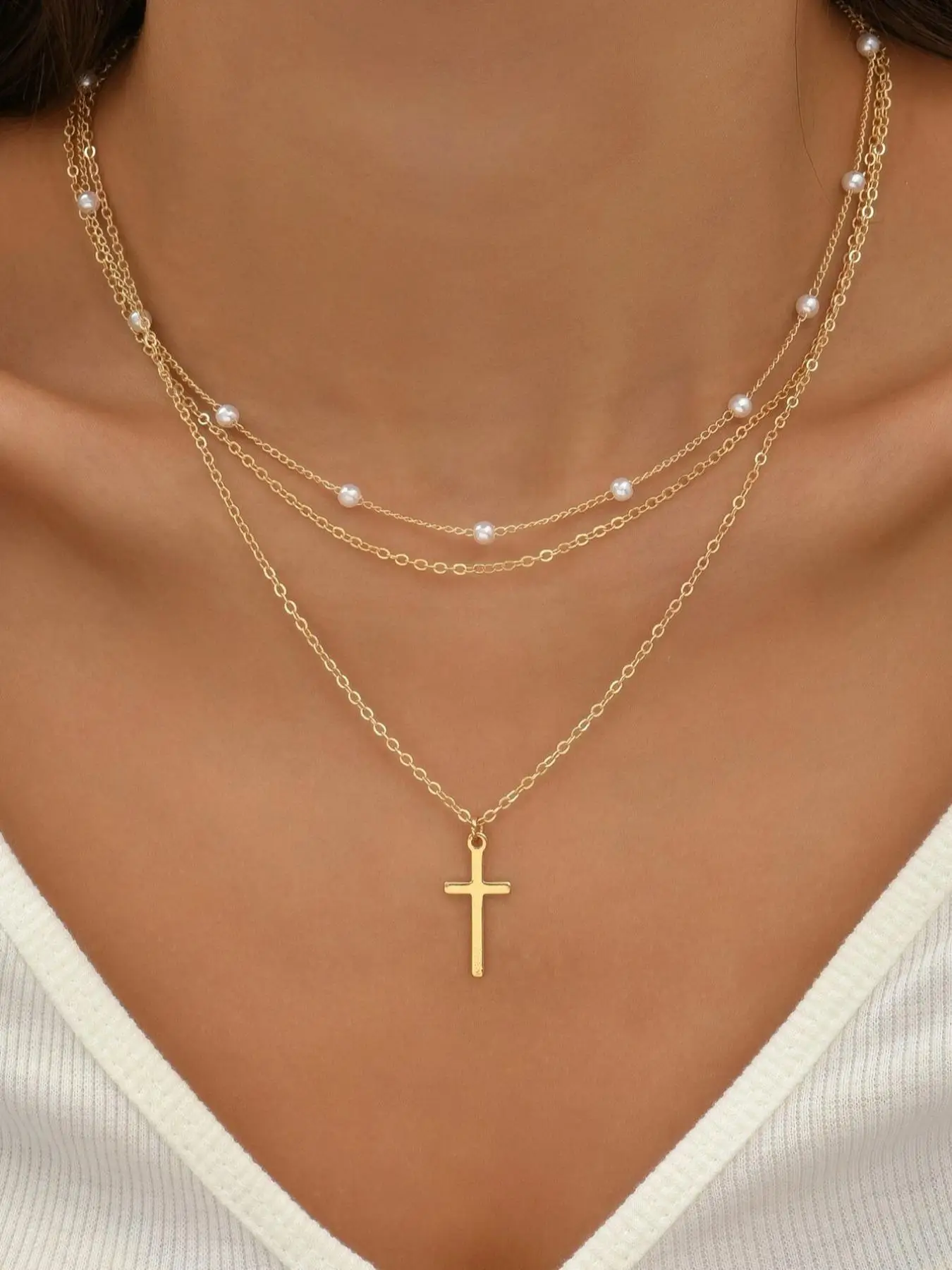 Women's 2024 New Stylish Faux Pearl Cross Necklace, Trendy Exquisite Layered Bead & Pendant Necklace for Women, Exquisite Jewelry As Birthday Gifts wi
