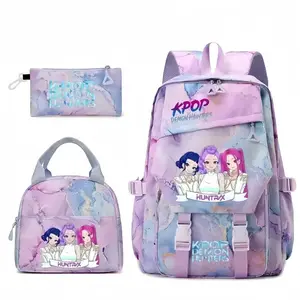 2026 Trendy 3D-Print K-Pop Demon Hunters 3-Piece Backpack Set, HUNTR/X Print Tie-Dye Backpack with Lunch Bag and Pencil Case, Portable School Bags & Stationery Organizer for Students & Fans