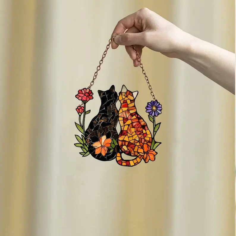 Personalized cat Window Hanging, Acrylic Poppy Flowers Wall Window Hanging Art Decoration, Cat home decor, Gift for mom, cat lovers