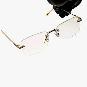 Gold Plated Elegant Rectangle Metal Yellow  Wire Frame Retro Rimless Square Clear Lens Eyeglasses Hip Hop Glasses For Men Women