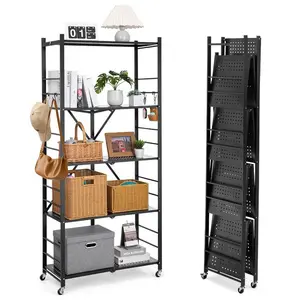 VEVOR 5-Tier Foldable Storage Shelf, 32Wx 14Dx 72H Inch Folding Metal Rack Shelving Unit, No Assembly Organizer Shelf with 5 Wheels 4 Hooks for Pantry, Kitchen, Garage, Basement, Black