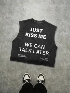 Men's Just Kiss Me Letter Print Tank Top, Loose Casual Street Sleeveless Top for Summer, Men's Clothes for Daily Wear, Sleeveless Loose Design, Sleeveless Printed