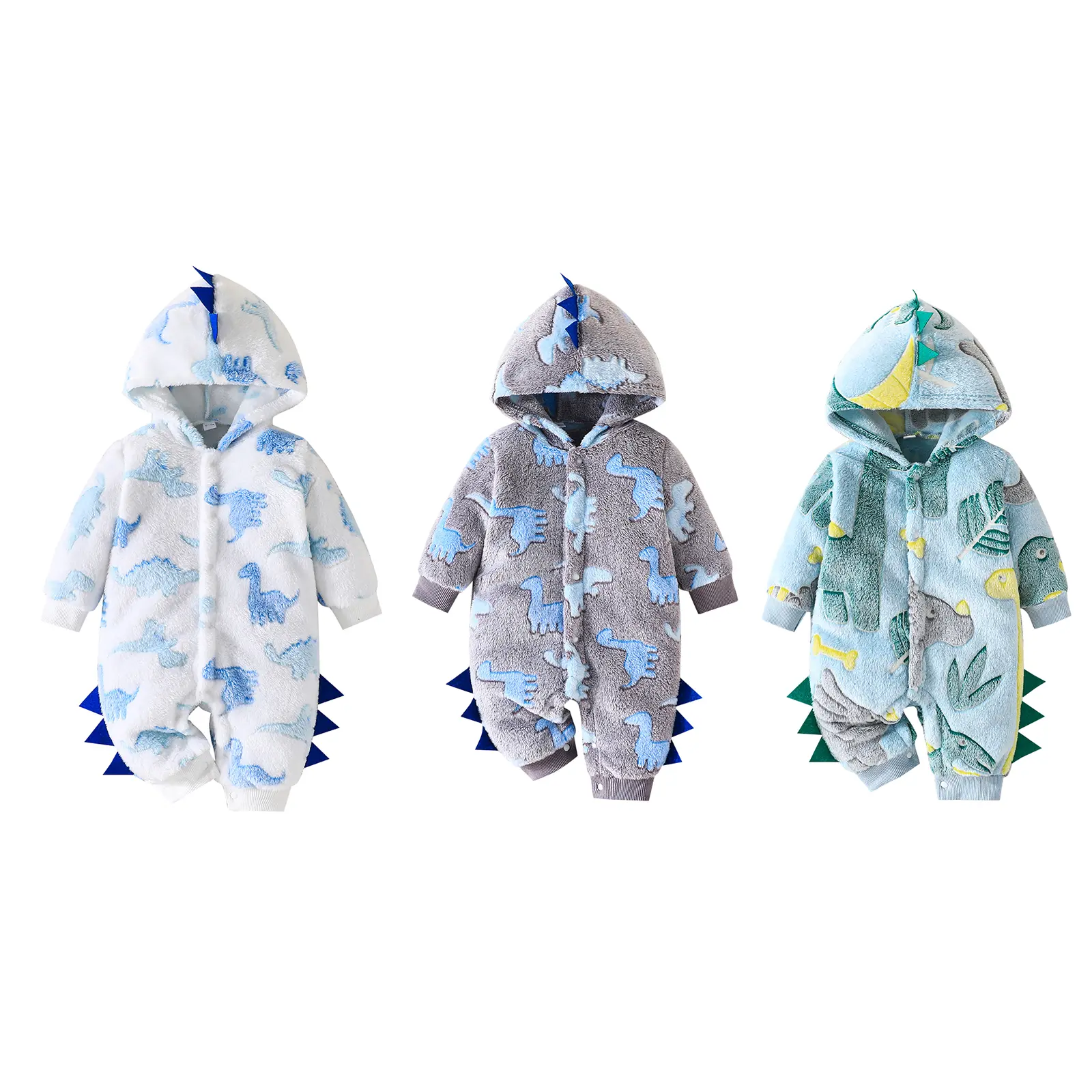 Newborn Baby Boy Plush Snowsuit Long Sleeve Dinosaur Fleece Hooded Romper Jumpsuits 3 6 9 12 18 Months Infant Boy Winter Warm Outwear Clothes