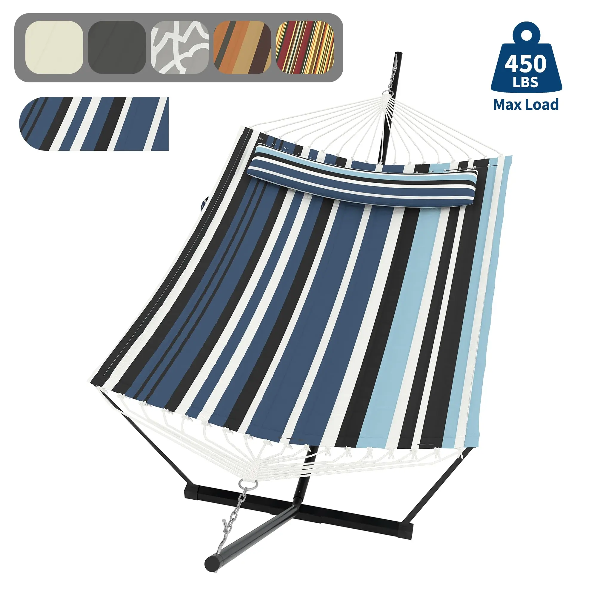 Double Hammock with Carry Bag, 2 Person Hammock with Heavy Duty Metal Stand, Cotton Fabric, Widening Design, 450 LBS Weight Capacity, Suitable for Indoor Outdoor
