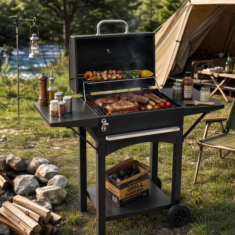 Karlhome Iron Portable Charcoal Grill - 794 SQ.IN. Cooking Area, Adjustable Heat Charcoal Tray, Foldable Side Table, Crank Handle, Warming Rack Ready, 116x57x108cm/45.7x22.4x42.5in, for Garden Outdoor Patio, Commercial Restaurant Furniture, Heat Adjuster
