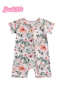 POSHTOT Bamboo Fiber Long-Sleeve Bodysuit, pink flower，Comfortable and Fitted, Highly Elastic, Machine Washable, baby bamboo sleepers boy,baby bamboo sleeper girl, Suitable for Outdoor Use.Two-way Zip-up Onesie.