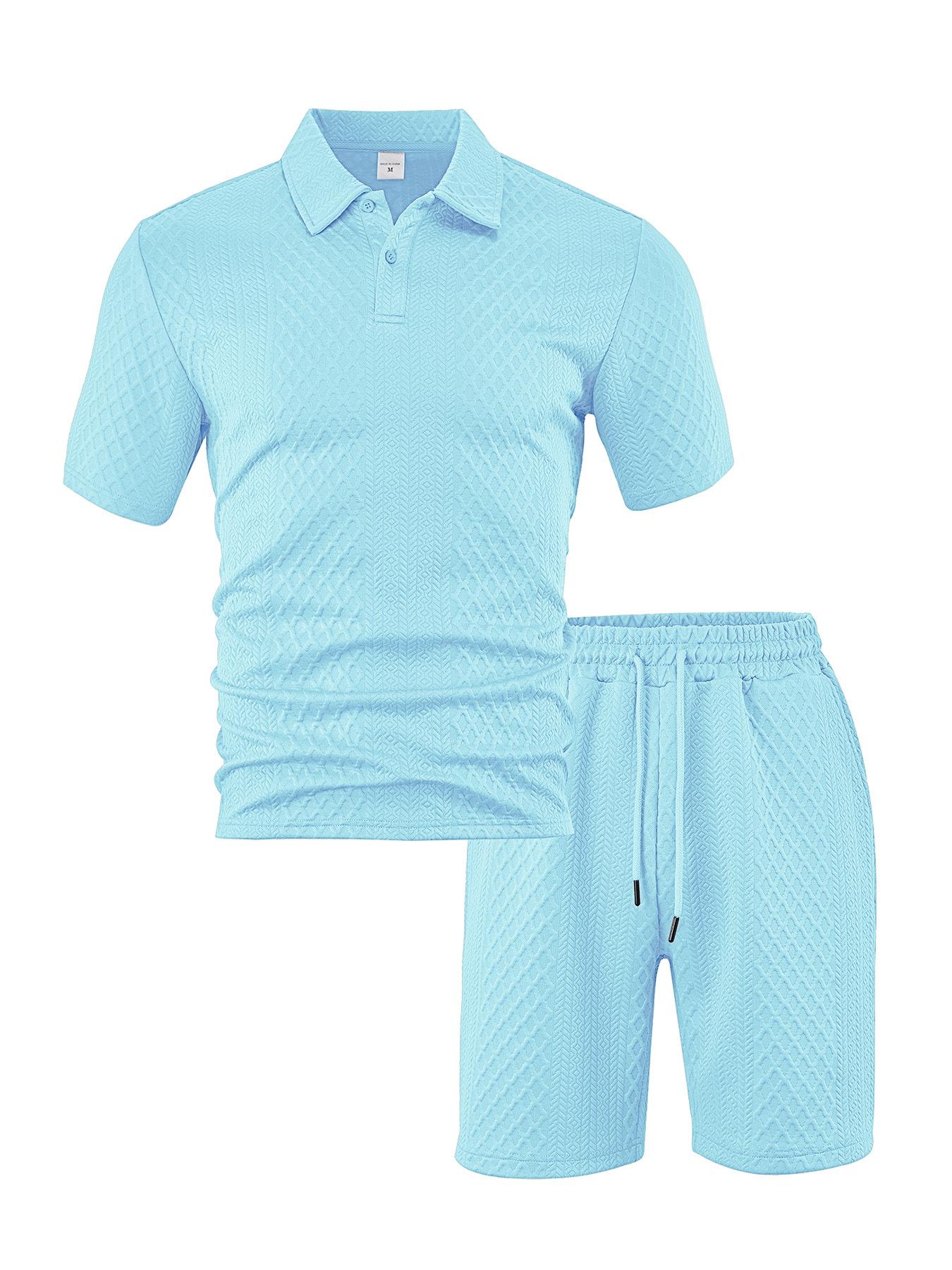 Men’s knit two-piece set: short-sleeve polo shirt and drawstring shorts. Casual summer menswear, available in multiple colors; solid colors are versatile, with a relaxed, comfortable style.