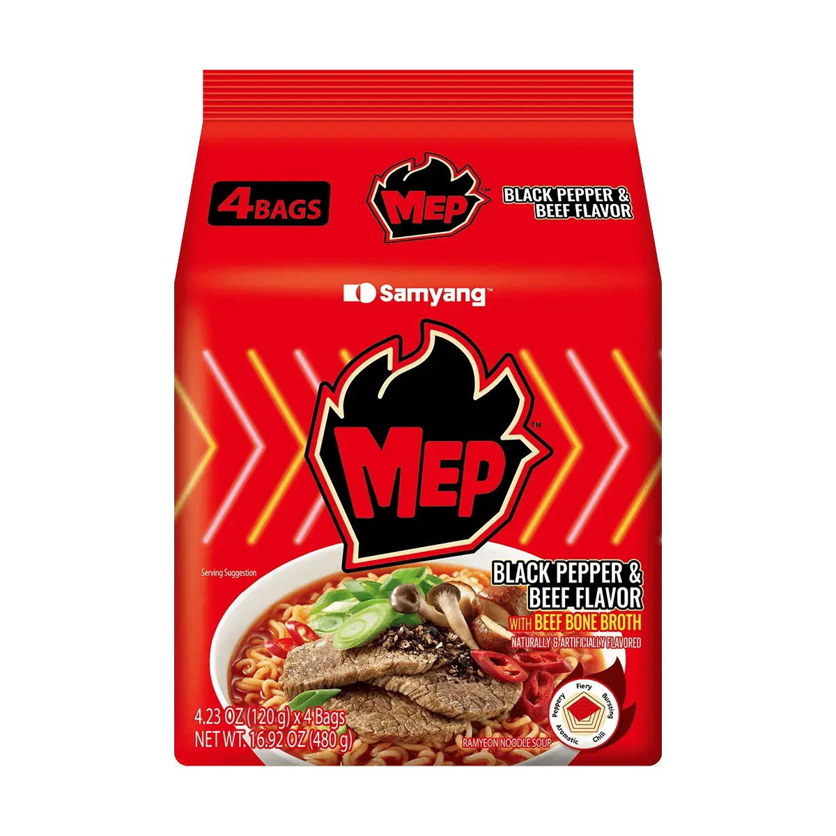 Samyang MEP Series Black Pepper Beef Soup Ramen Noodles 4-Pack (480g) - New Korean Instant Noodles, Savory & Spicy