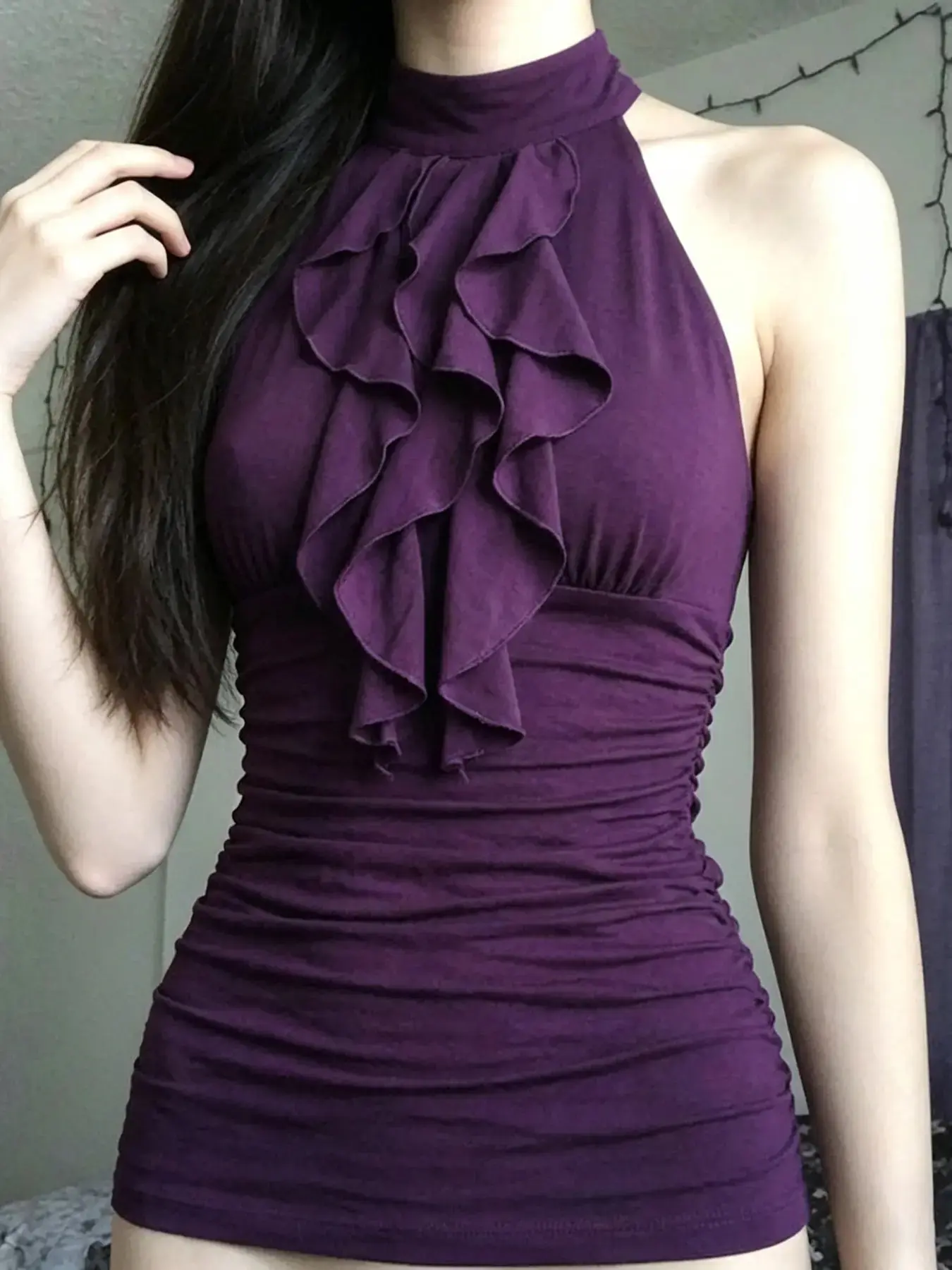 Vintage Style Ruffled Layered High Neck Halter Top, Women's Summer Waist Cinch Ruched Sleeveless Vest, Streetwear Fashion