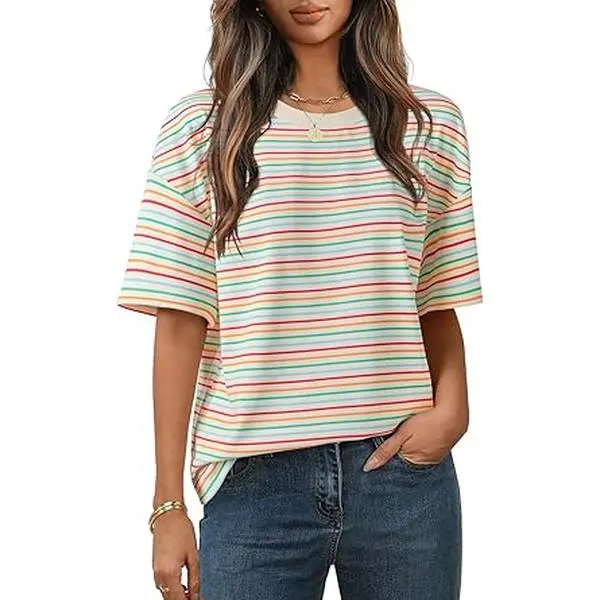 MEROKEETY Women's 2026 Summer Short Sleeve Tops Casual Colourful Striped Crewneck Loose Work T Shirts Blouses